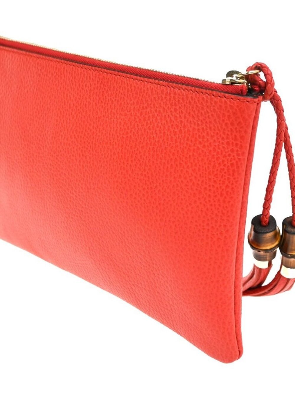GUCCI Logo Bamboo Charm Clutch Pouch Bag Pebbled Leather Red Italy 61KC890 - Picture 4 of 14